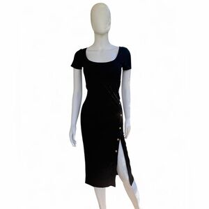 NWT Black Midi Dress Side Button Slit | Short Sleeve Scoop Neck | Small
